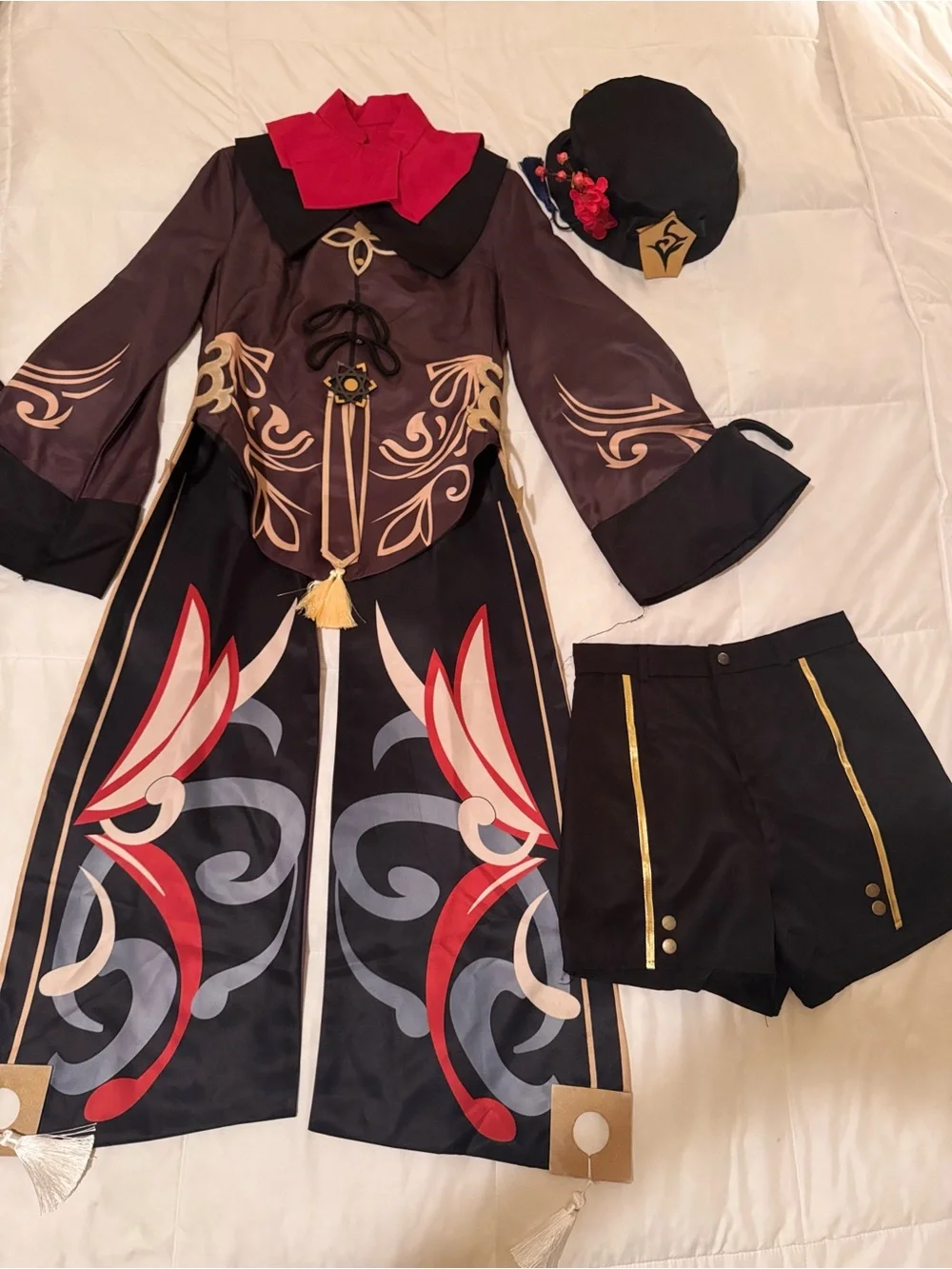 Hu-Tao Halloween Costume. Animation Woman set. Wig, hat, coat, shorts